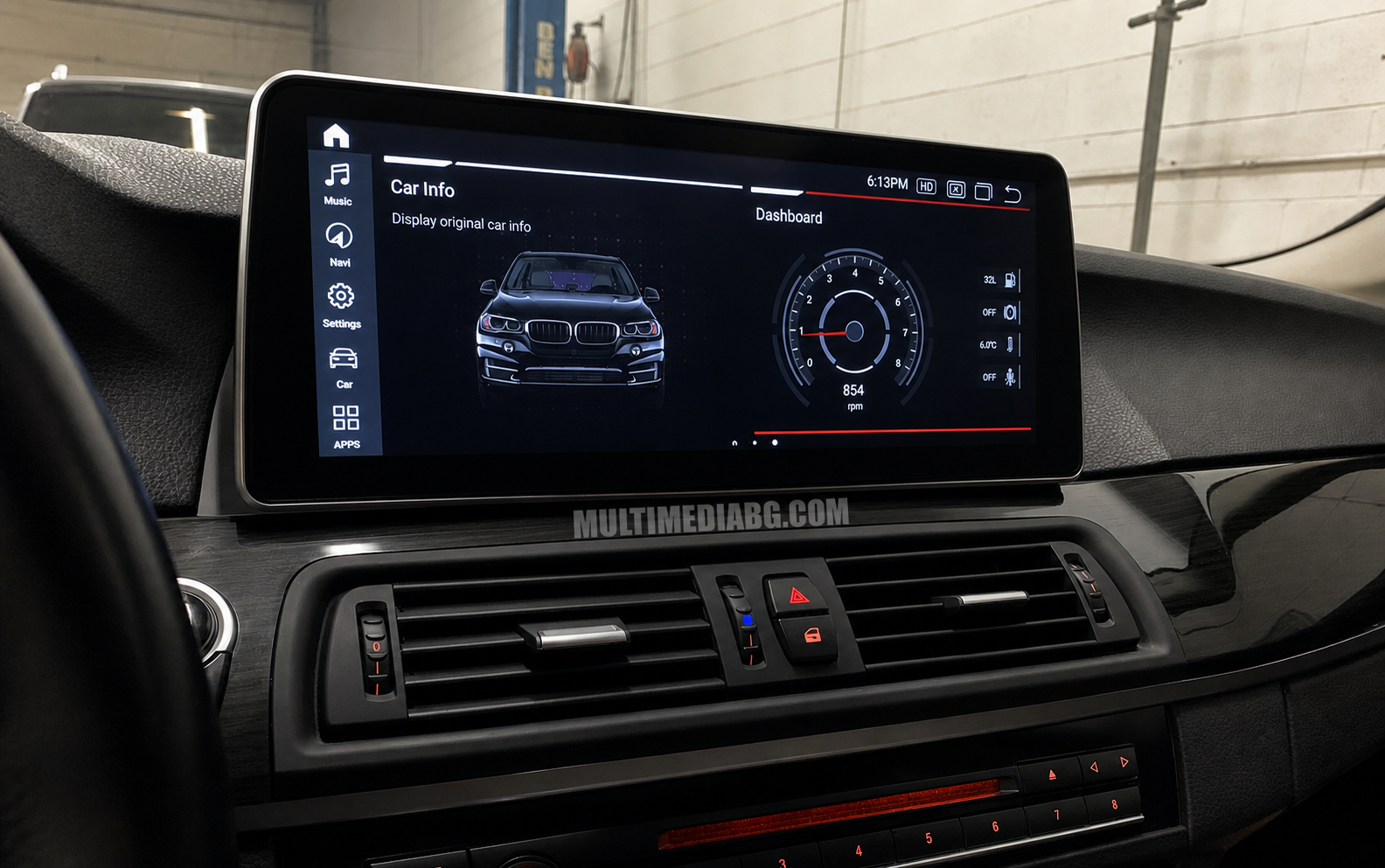 Инсталирана Android мултимедия в BMW 5 F10 F11 F12  2011-2016 CIC NBT, изглед към таблото и екрана