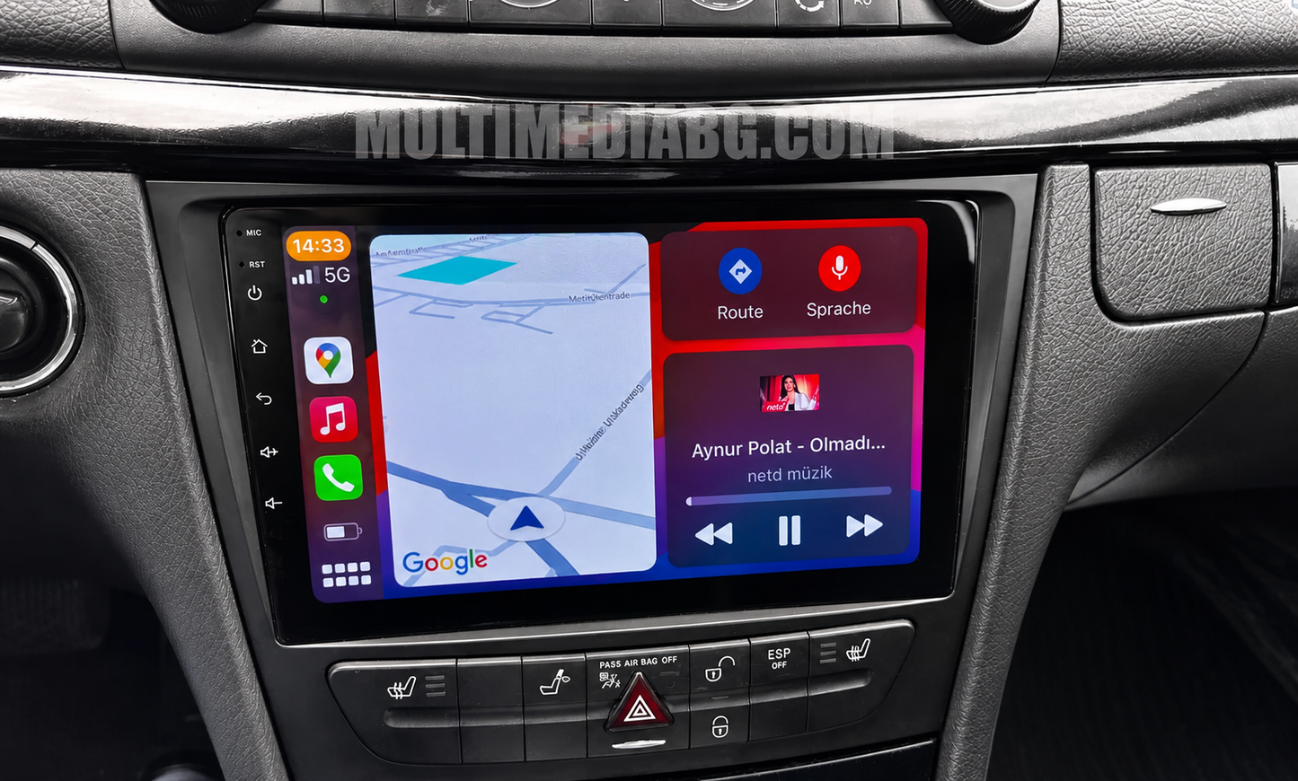 Android навигация, монтирана в таблото на Mercedes E Class W211 2002-2010, изглед към централната конзола
