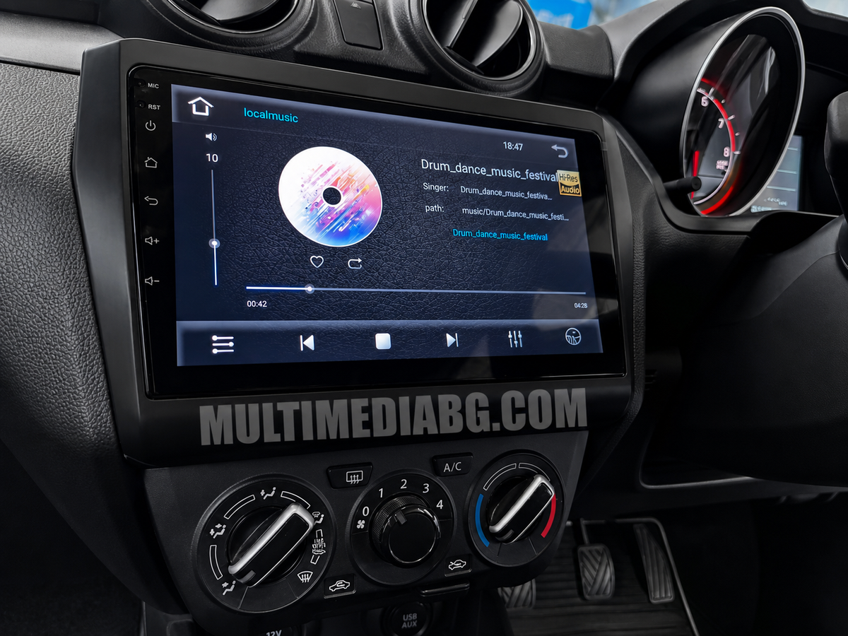 Android навигация, монтирана в таблото на Suzuki Swift 2017-2023, изглед към централната конзола