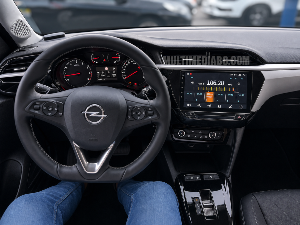 Android навигация, монтирана в таблото на Opel Corsa F 2019–2023 9, изглед към централната конзола
