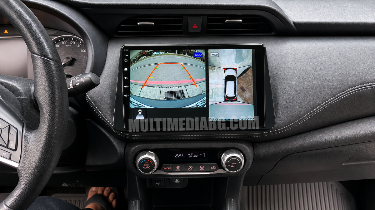 Android навигация, монтирана в таблото на Nissan Micra 2016-2020, изглед към централната конзола