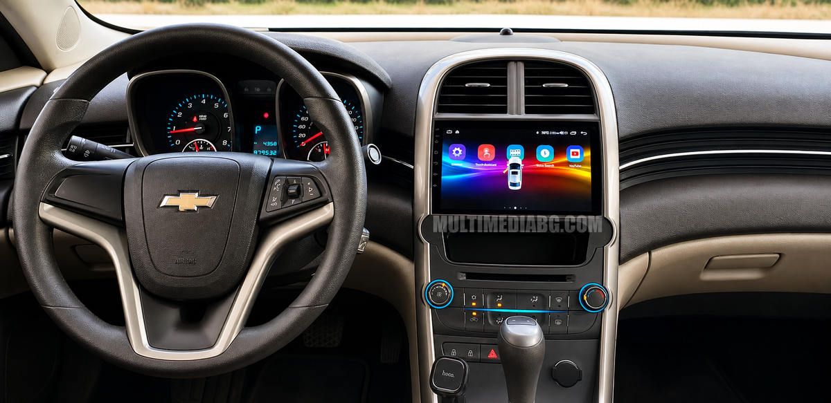 Android навигация, монтирана в таблото на Chevrolet Malibu 2012-2015, изглед към централната конзола
