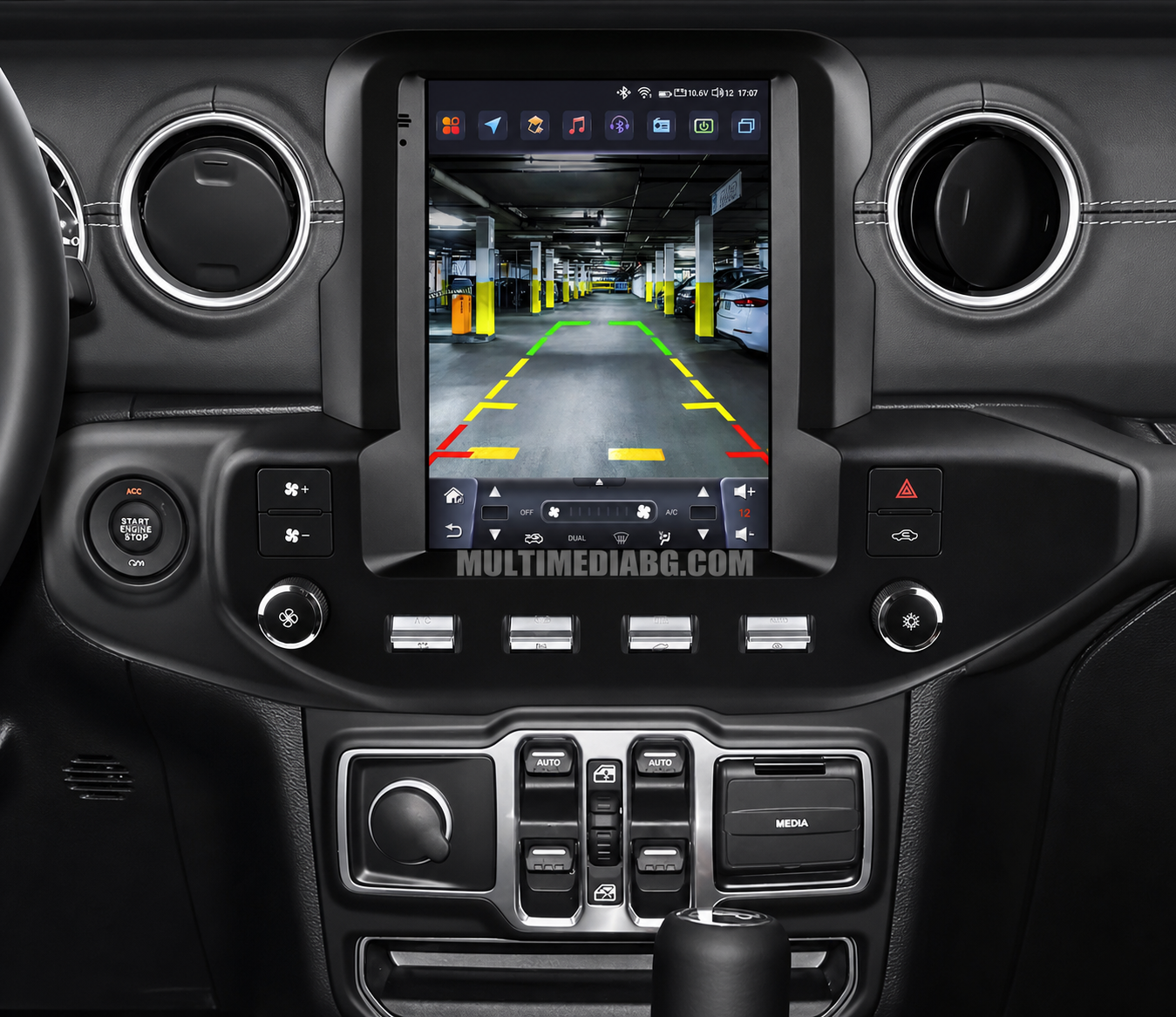 Инсталирана Android мултимедия в Jeep Wrangler JL 2018-2023 9.7", изглед към таблото и екрана