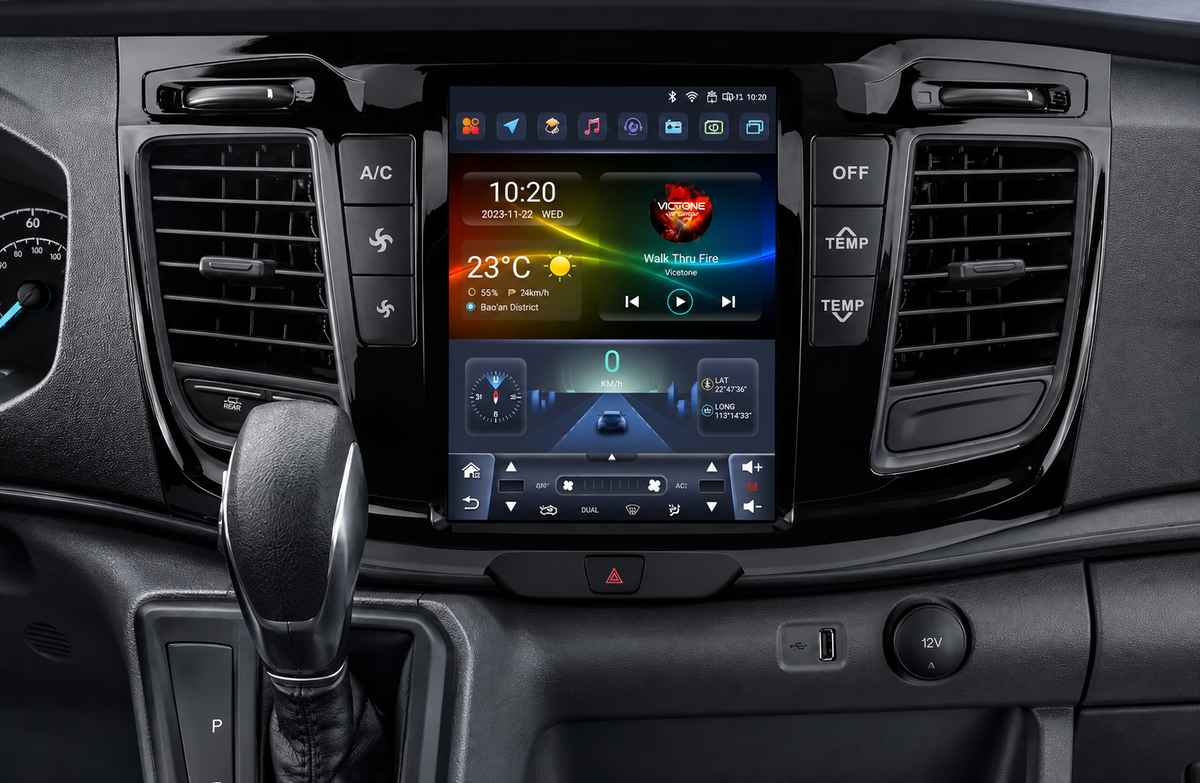 Инсталирана Android мултимедия в Ford Transit 2021-2023 9.7", изглед към таблото и екрана
