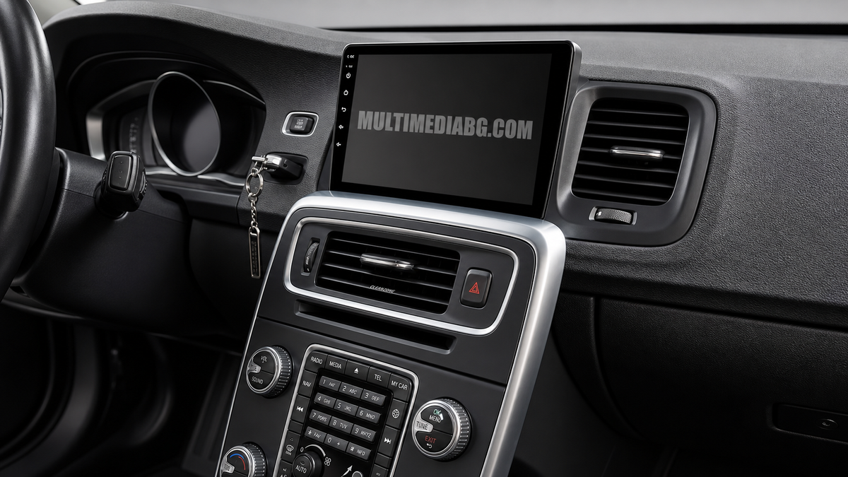 Android навигация, монтирана в таблото на Volvo S60 2011-2019, изглед към централната конзола