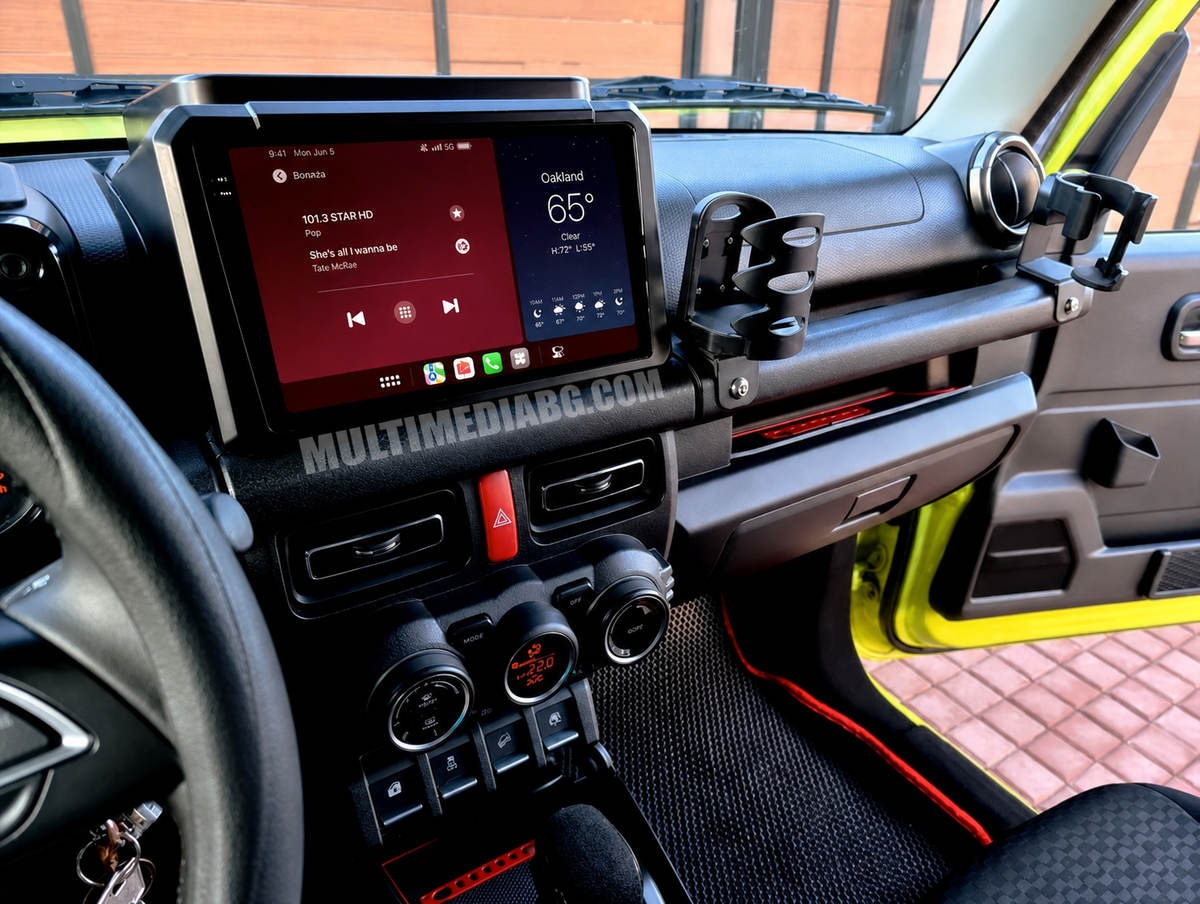 Android навигация, монтирана в таблото на Suzuki Jimny 2018-2023, изглед към централната конзола