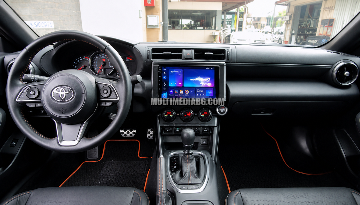 Инсталирана Android мултимедия в Toyota GR86 2022–2024, изглед към централната конзола.