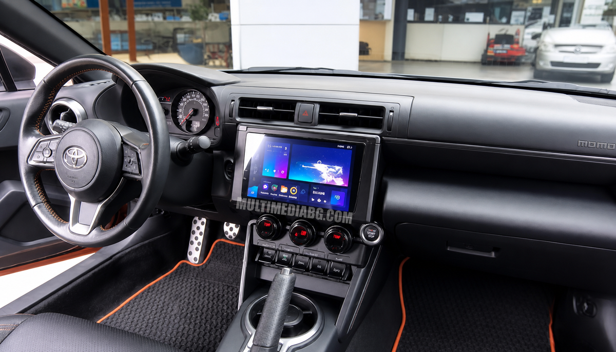 Android навигация в Toyota GR86 2022–2024, показана от мястото на водача.