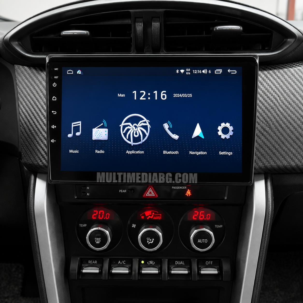 Интегрирана Android система в таблото на Subaru BRZ 2012–2020, страничен изглед.