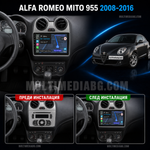 Табло на Alfa Romeo MiTo 955 2008-2016 преди и след монтаж на Android мултимедия с CarPlay и Waze навигация.